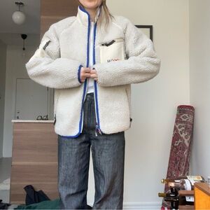 Men's Cream Sherpa Teddy Jacket with Blue Trim — Japanese brand Manatash
